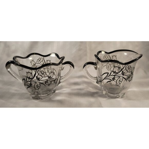 Duncan Miller Canterbury Vintage Cream & Sugar Set Floral Embossed Black Silver - Picture 1 of 6